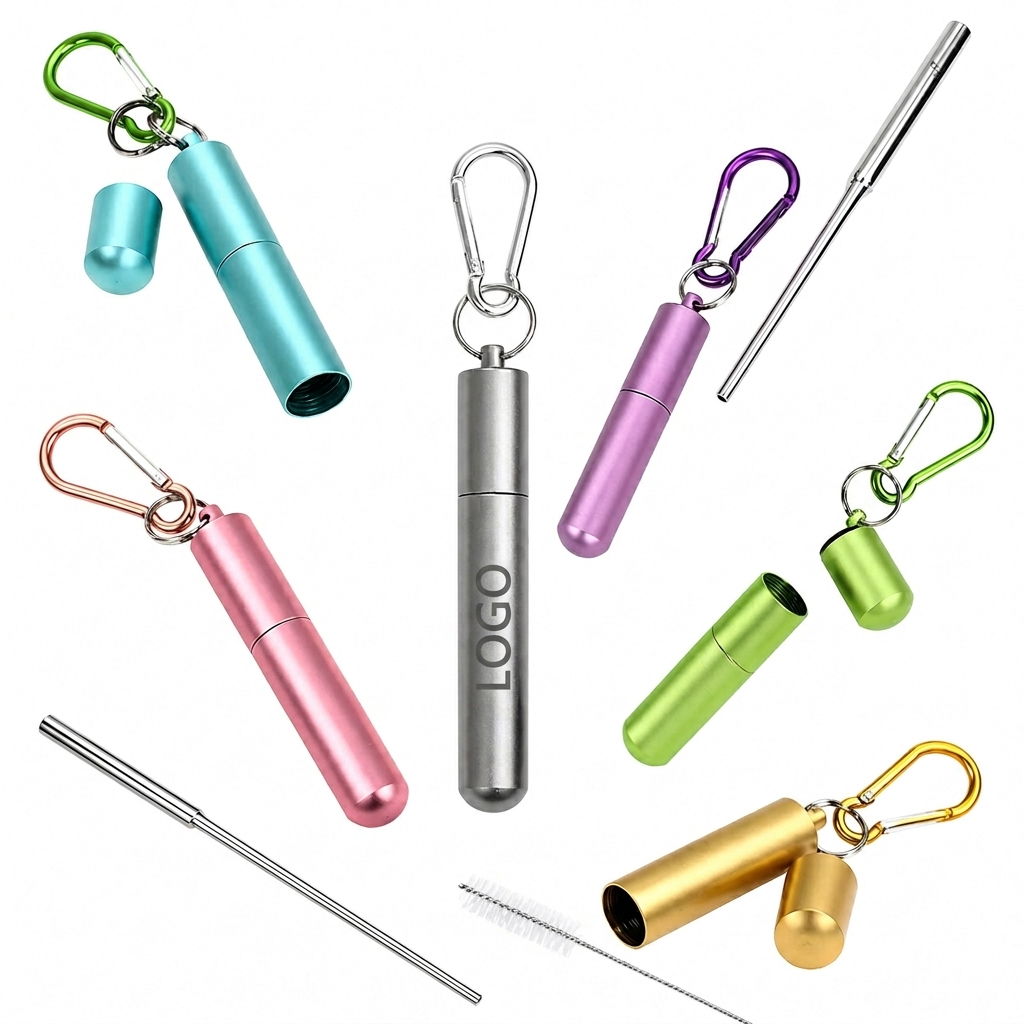 Telescopic Stainless Steel Reusable Straw with Aluminum Travel Case and Carabiner