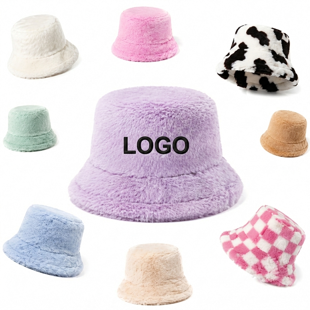 Plush Faux Fur Bucket Hat with Assorted Patterns and Solid Colors