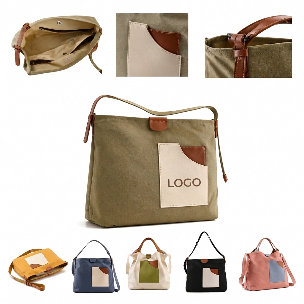 Color-Block Front Pocket Canvas Tote with Magnetic Closure
