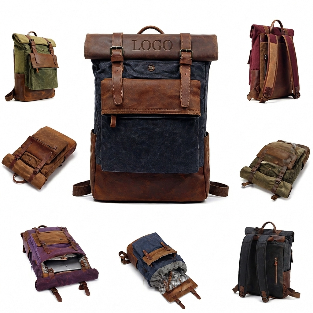 Rugged Roll-Top Waxed Canvas Commuter Pack with Reinforced Accents