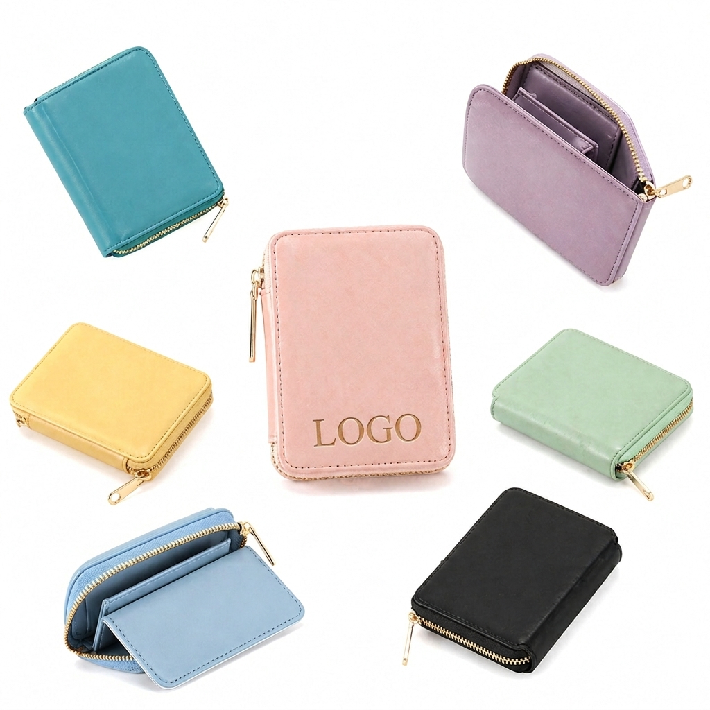 Multi-Tone Compact Vegan Leather Zip-Around Wallet with Card Slots