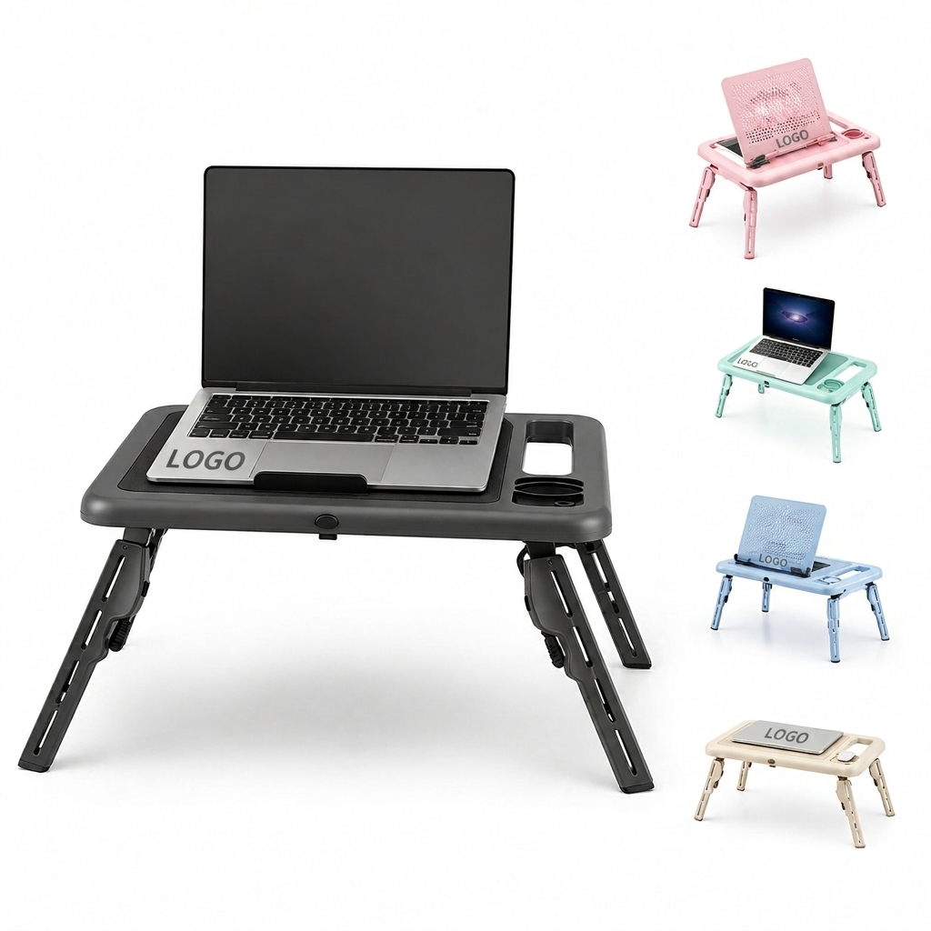Ergonomic Laptop Bed Desk with Dual Cooling Fans and Media Slots