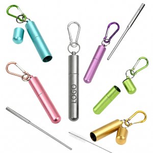 Telescopic Stainless Steel Reusable Straw with Aluminum Travel Case and Carabiner