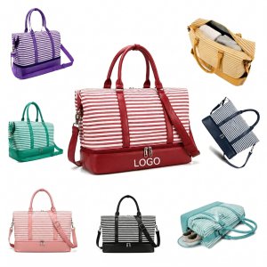 Striped Canvas Overnight Duffel with Shoe Compartment and Luggage Sleeve