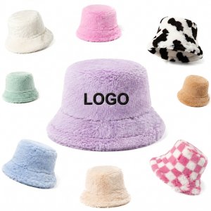 Plush Faux Fur Bucket Hat with Assorted Patterns and Solid Colors