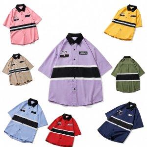 Colorblock Contrast Collar Short-Sleeve Casual Uniform Shirt